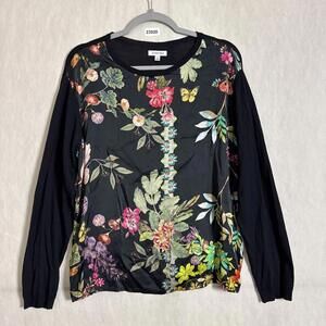 Johnny Was Women's Small Black Floral Print Silk Cashmere Long Sleeve Sweater